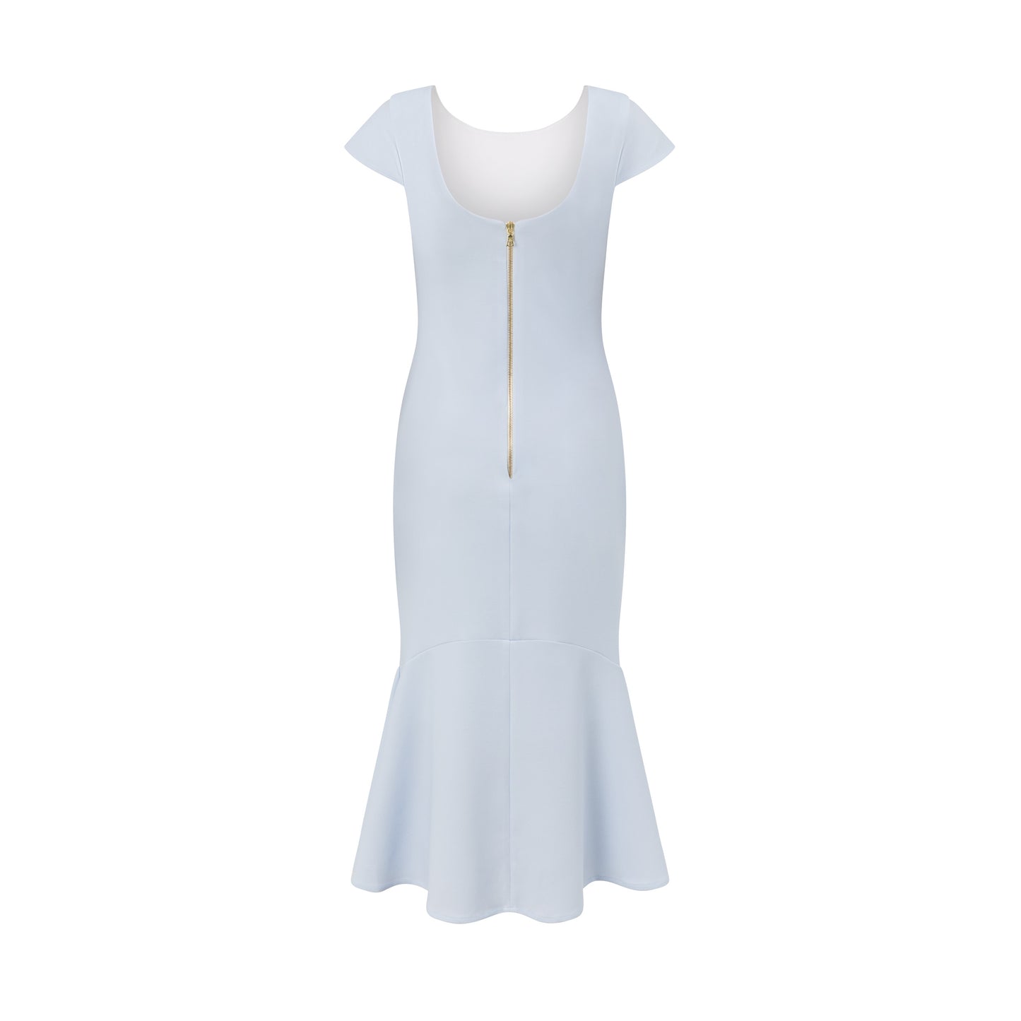 Back view of pale blue midi dress with flared hem and smooth scuba crepe finish.