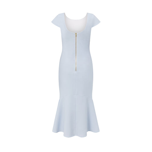 Back view of pale blue midi dress with flared hem and smooth scuba crepe finish.