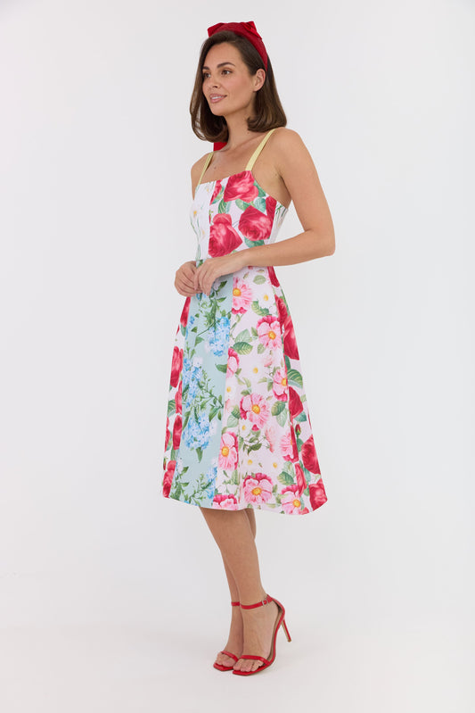 red headband with red ribbon bows and floral red rose dress