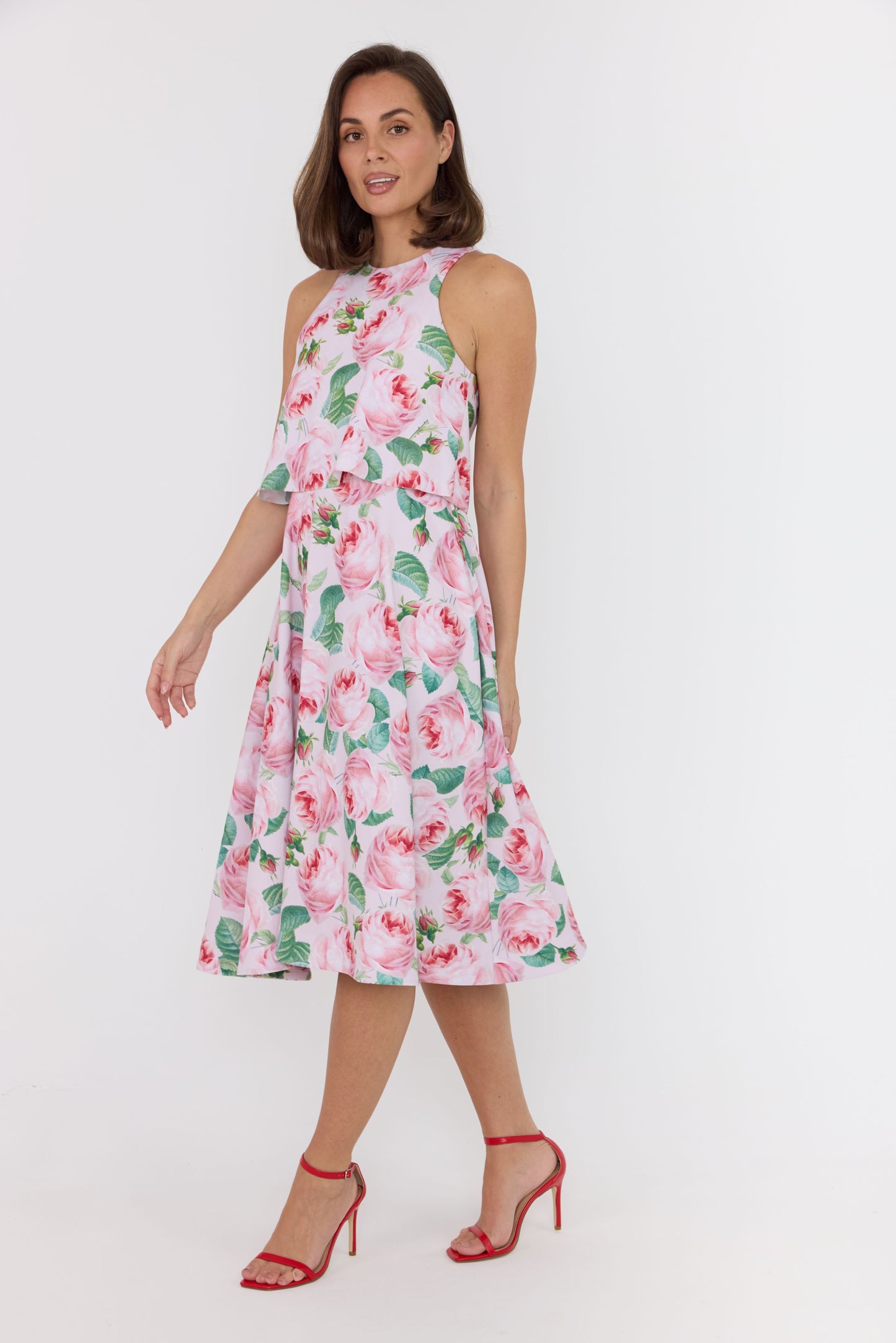 pink dress with rose print