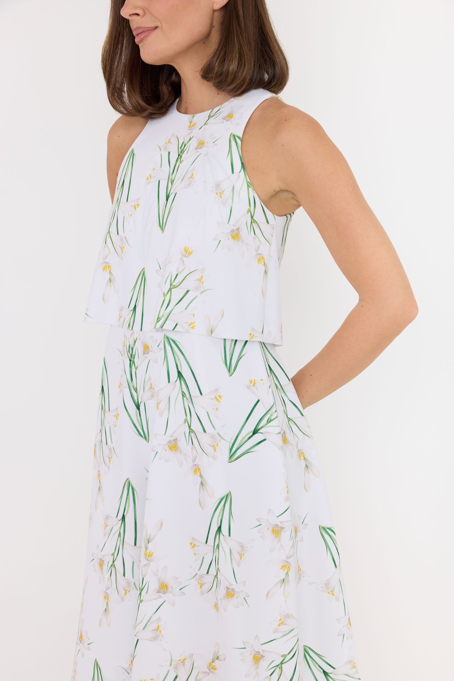white dress with lily print