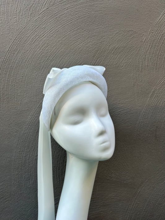 Derby Day Headband – White Bow Headpiece in Premium Straw