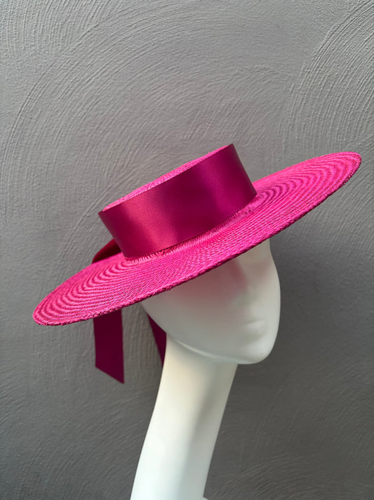 Wide Brim Magenta Straw Boater Hat