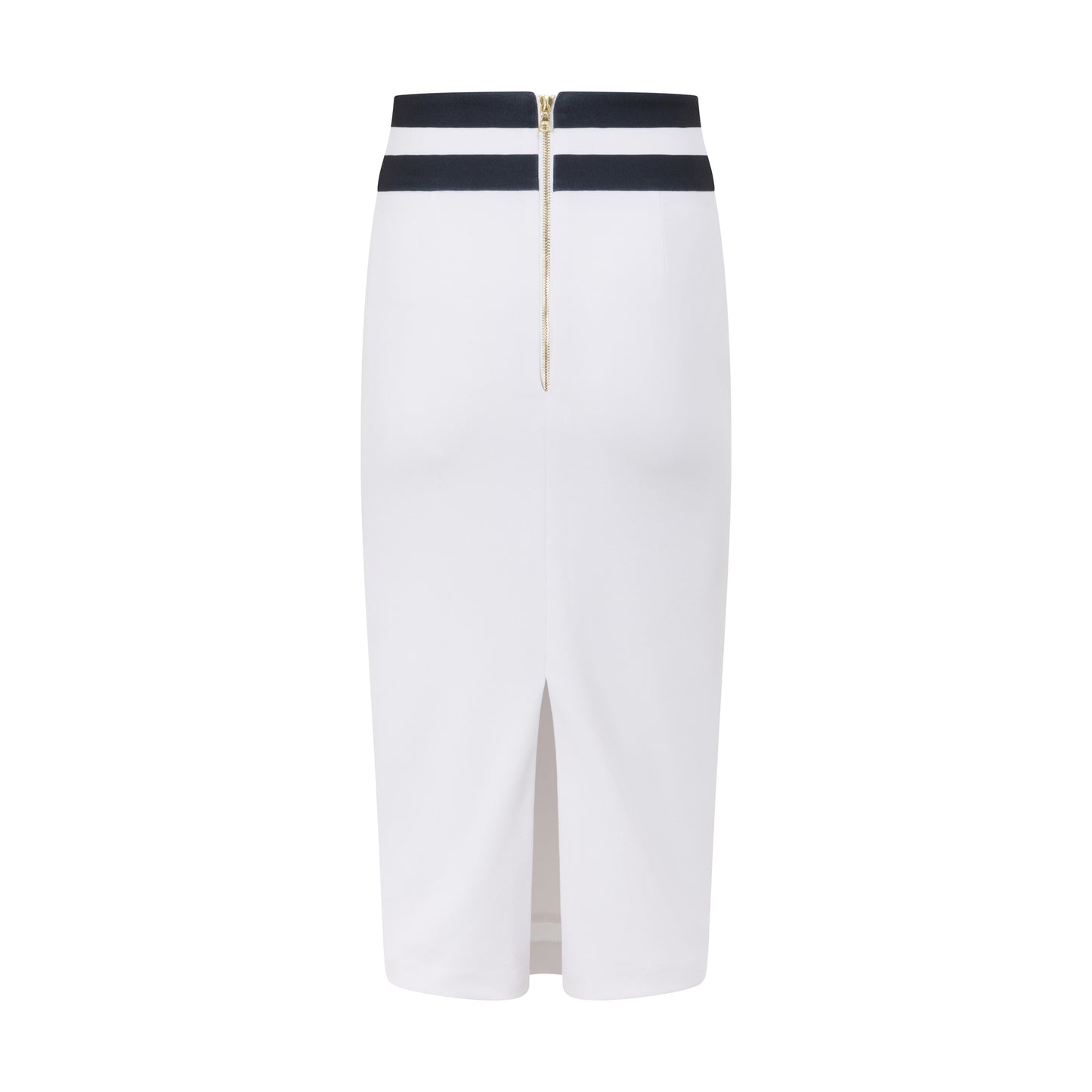 Elegant black and white pencil skirt with limited-edition horse print and bold striped waistband, styled for Derby Day racewear.