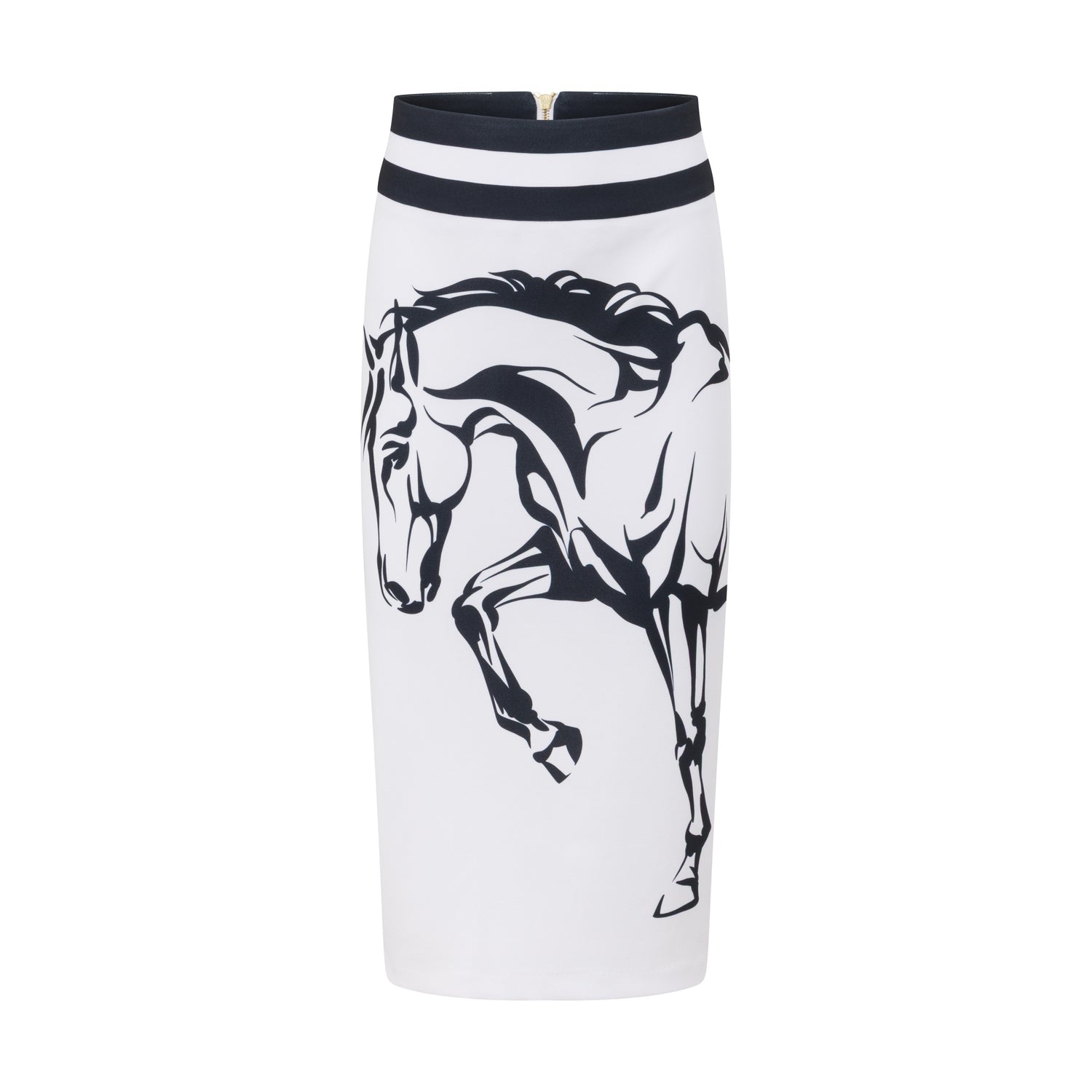 Elegant black and white pencil skirt with limited-edition horse print and bold striped waistband, styled for Derby Day racewear.