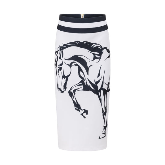 Elegant black and white pencil skirt with limited-edition horse print and bold striped waistband, styled for Derby Day racewear.