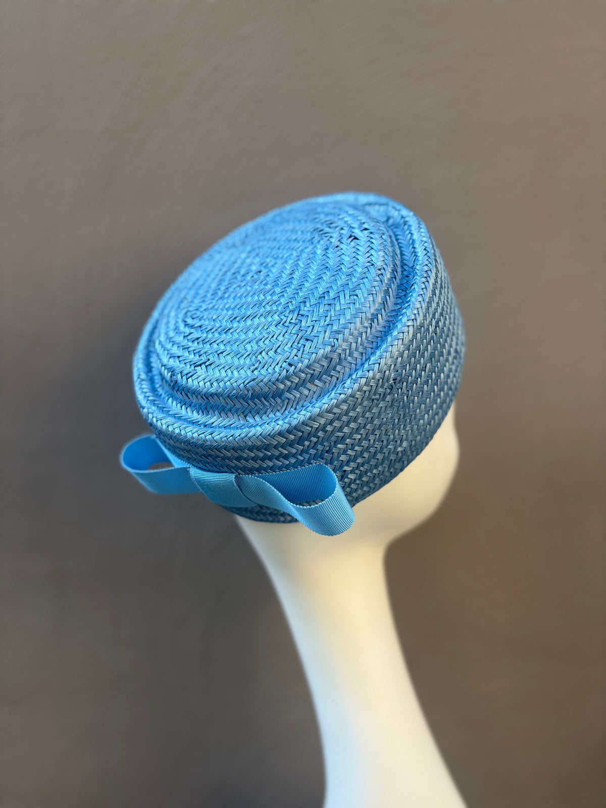 Blue straw pillbox hat by Marla Carmeta, handcrafted for weddings, racewear and special occasions.