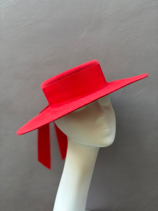 Wide Brim Red Felt Boater Hat