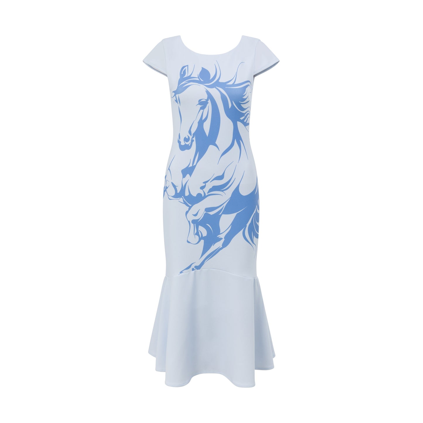Pale blue midi dress featuring a limited‑edition galloping horse print and a flared hem.
