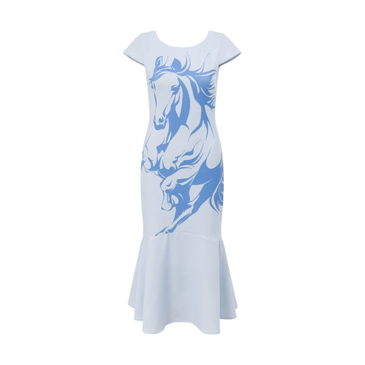 Pale blue midi dress featuring a limited‑edition galloping horse print and a flared hem.