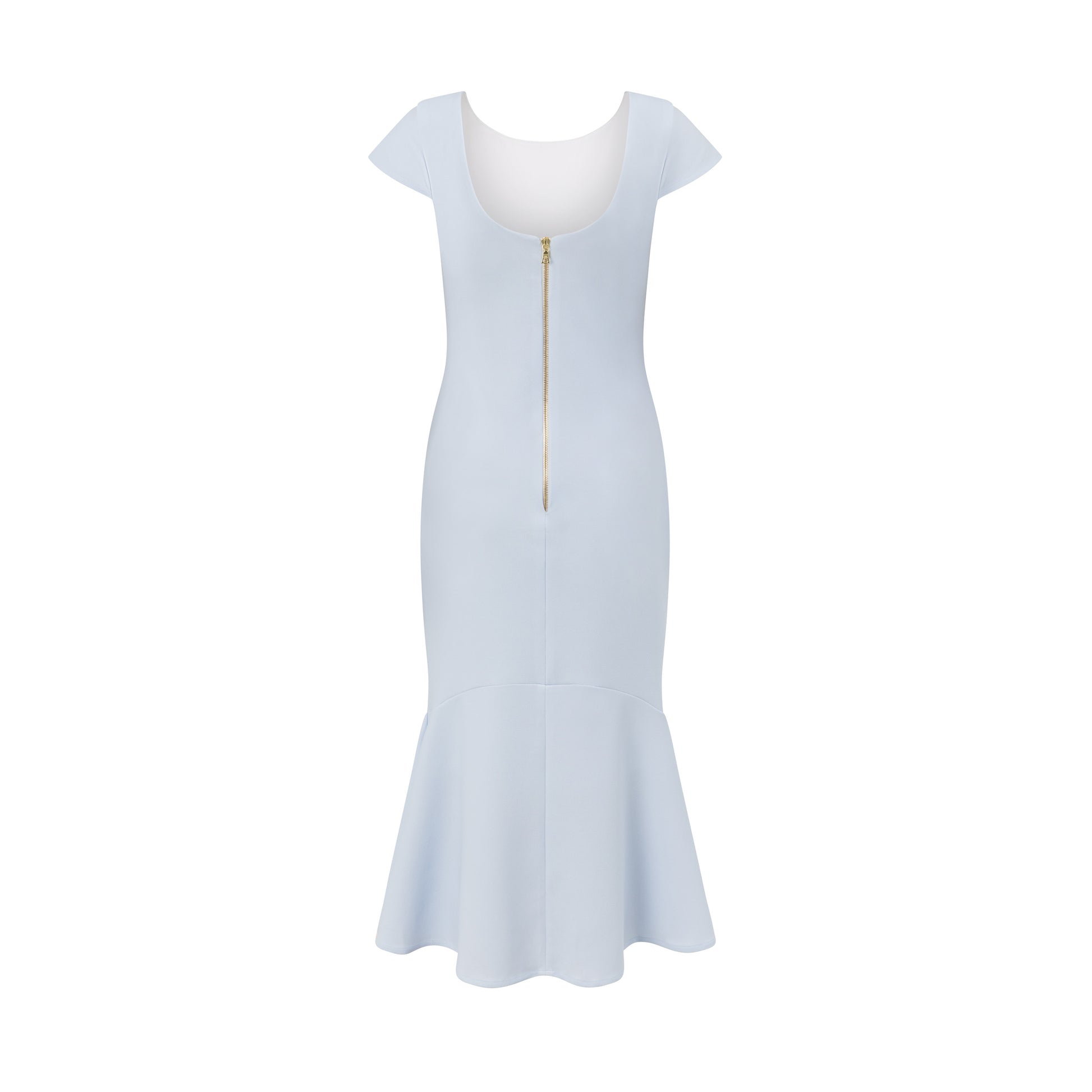 Back view of pale blue midi dress with flared hem and smooth scuba crepe finish.