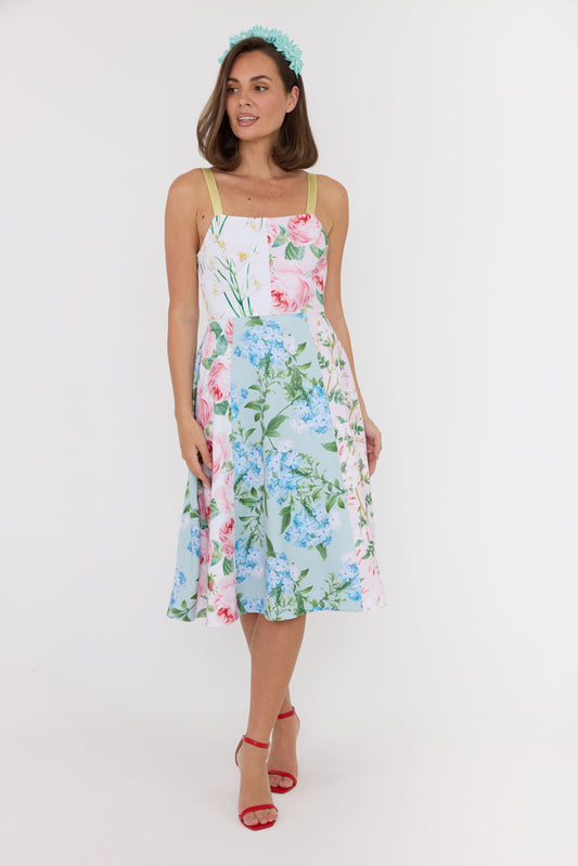 mint pinwheel headpiece and floral dress