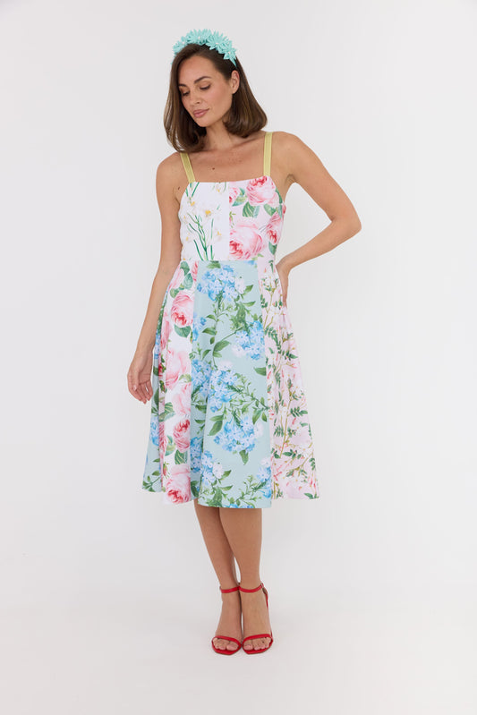 mint pinwheel headpiece and floral dress
