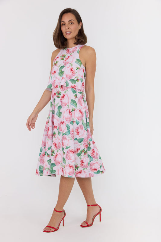 pink dress with rose print
