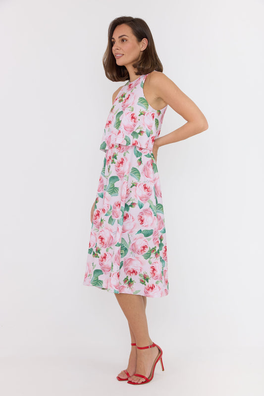 pink dress with rose print