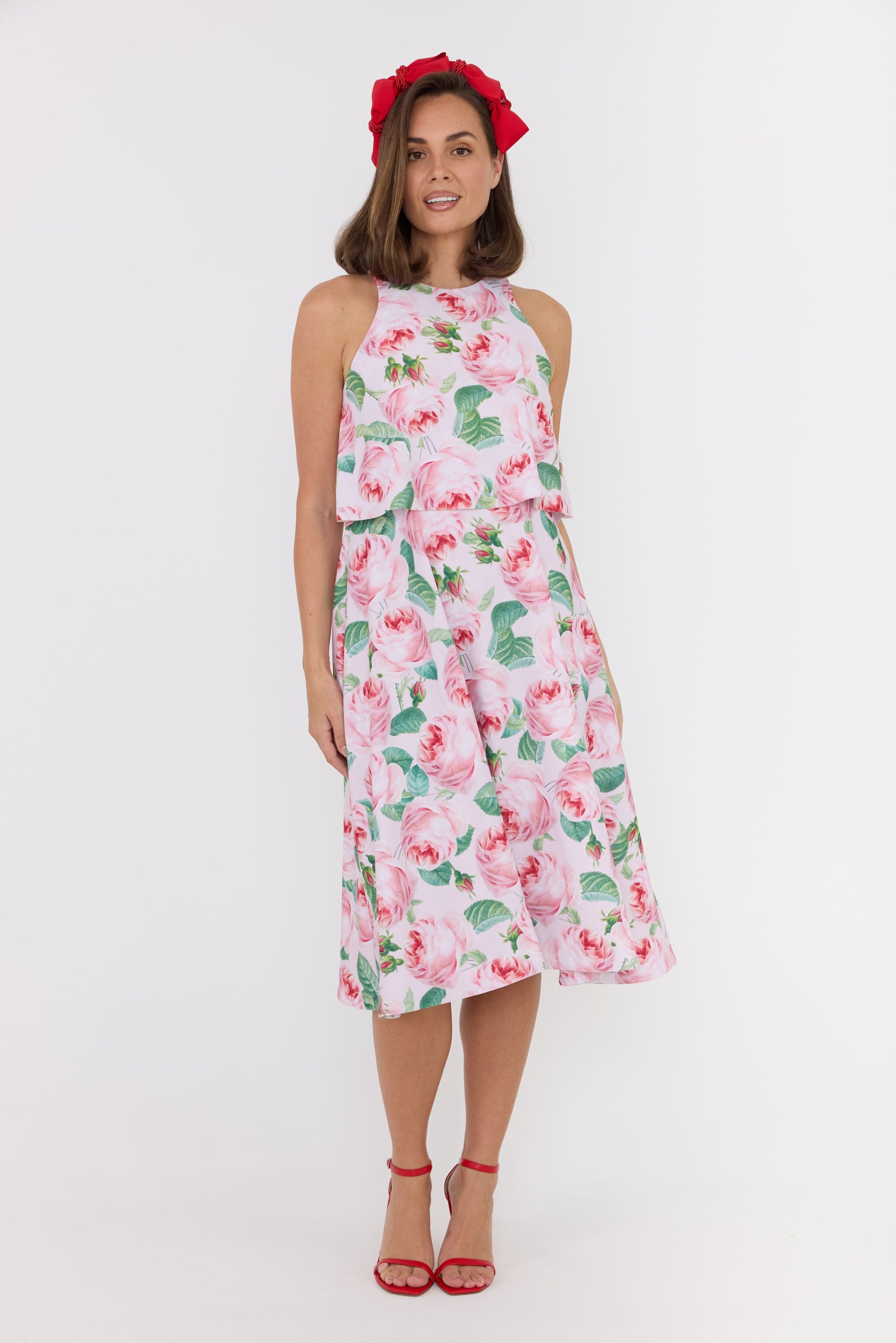 red bow headband and pink rose dress