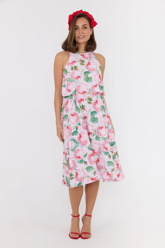 red bow headband and pink rose dress