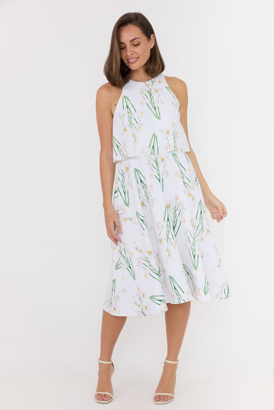 white dress with lily print