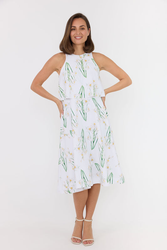 white dress with lily print