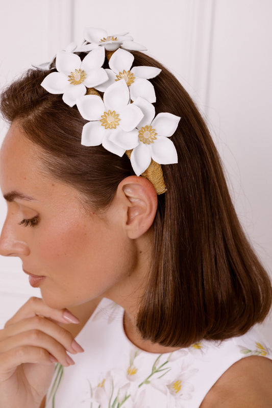 white leather flowers headpiece